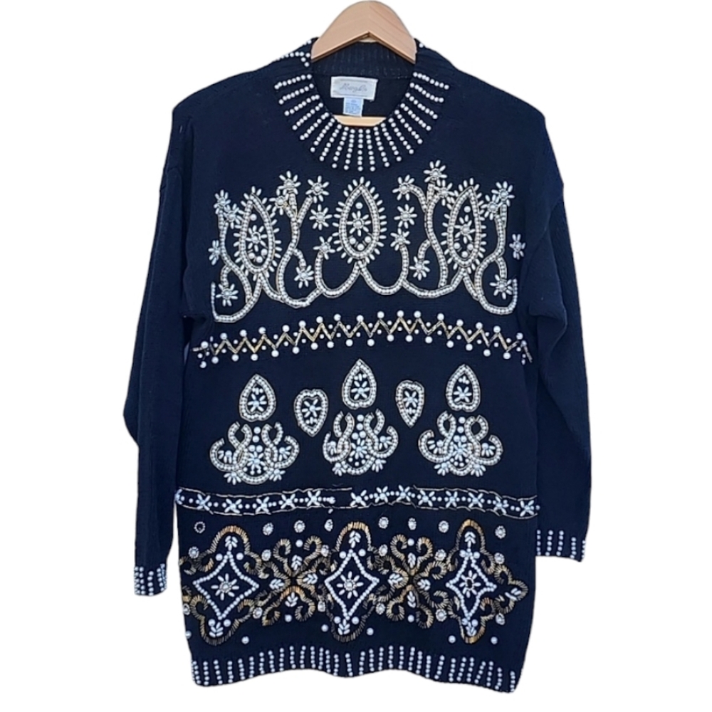 VINTAGE 1980s Margules Beaded Pearl Sweater S Oversized Holiday Christmas Glam - Picture 4 of 17